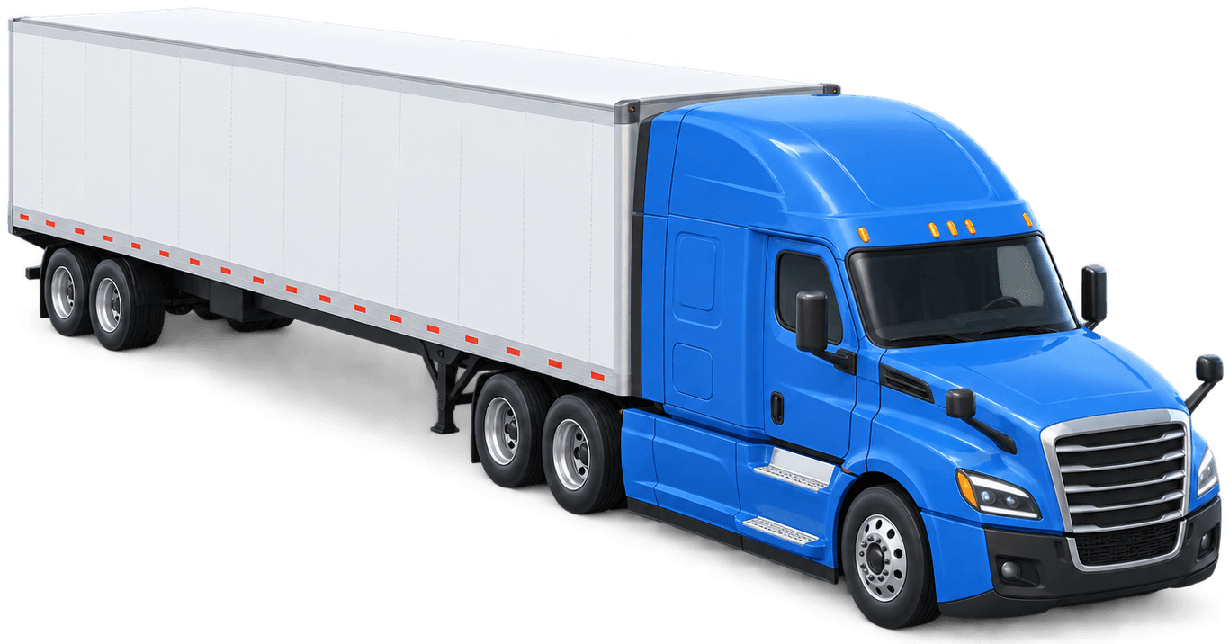 Blue Freightliner Cascadia with a 53-foot dry van