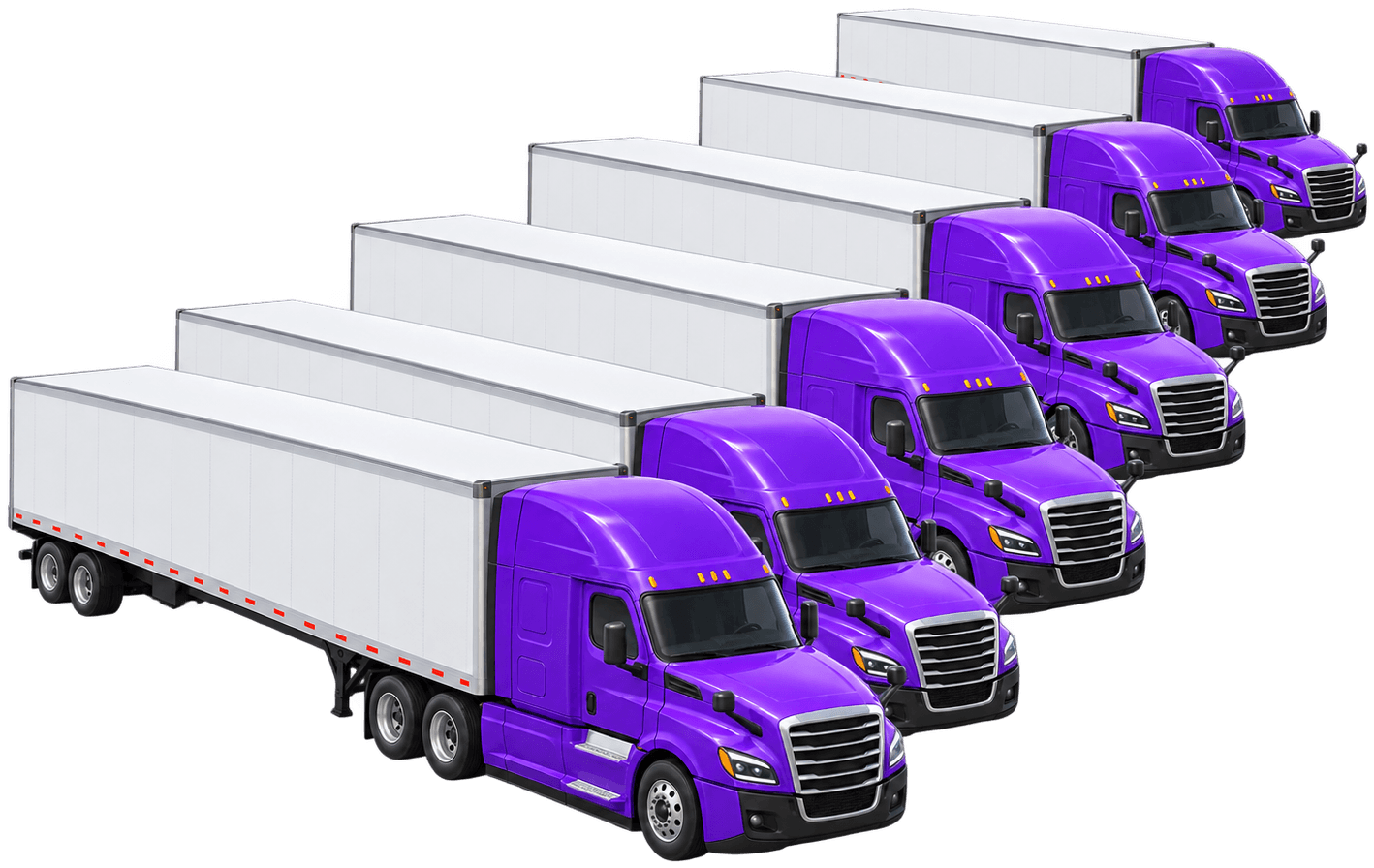 Six violet Cascadia trucks in formation
