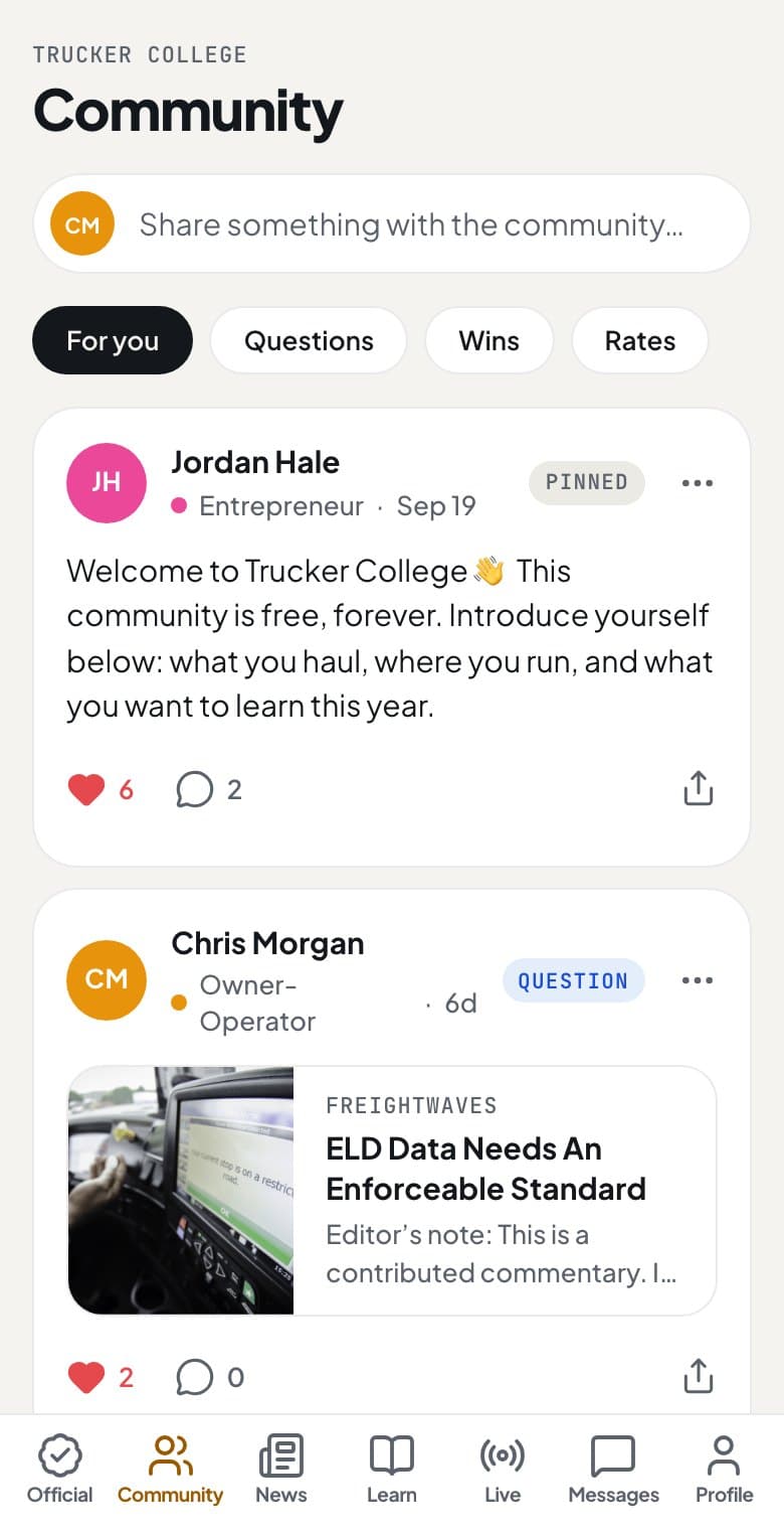 The Community feed in the Trucker College app