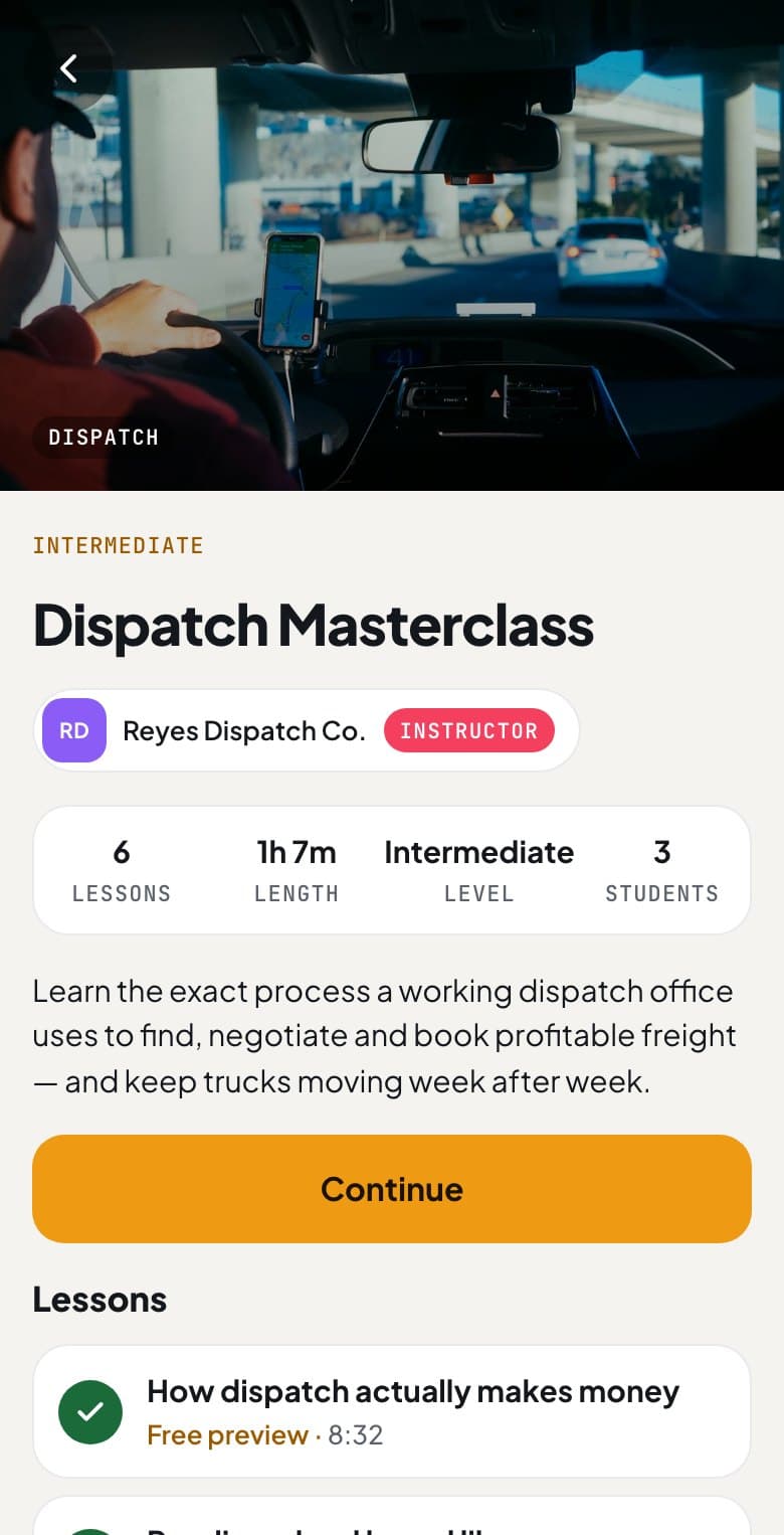 A course page with its lessons in the Trucker College app