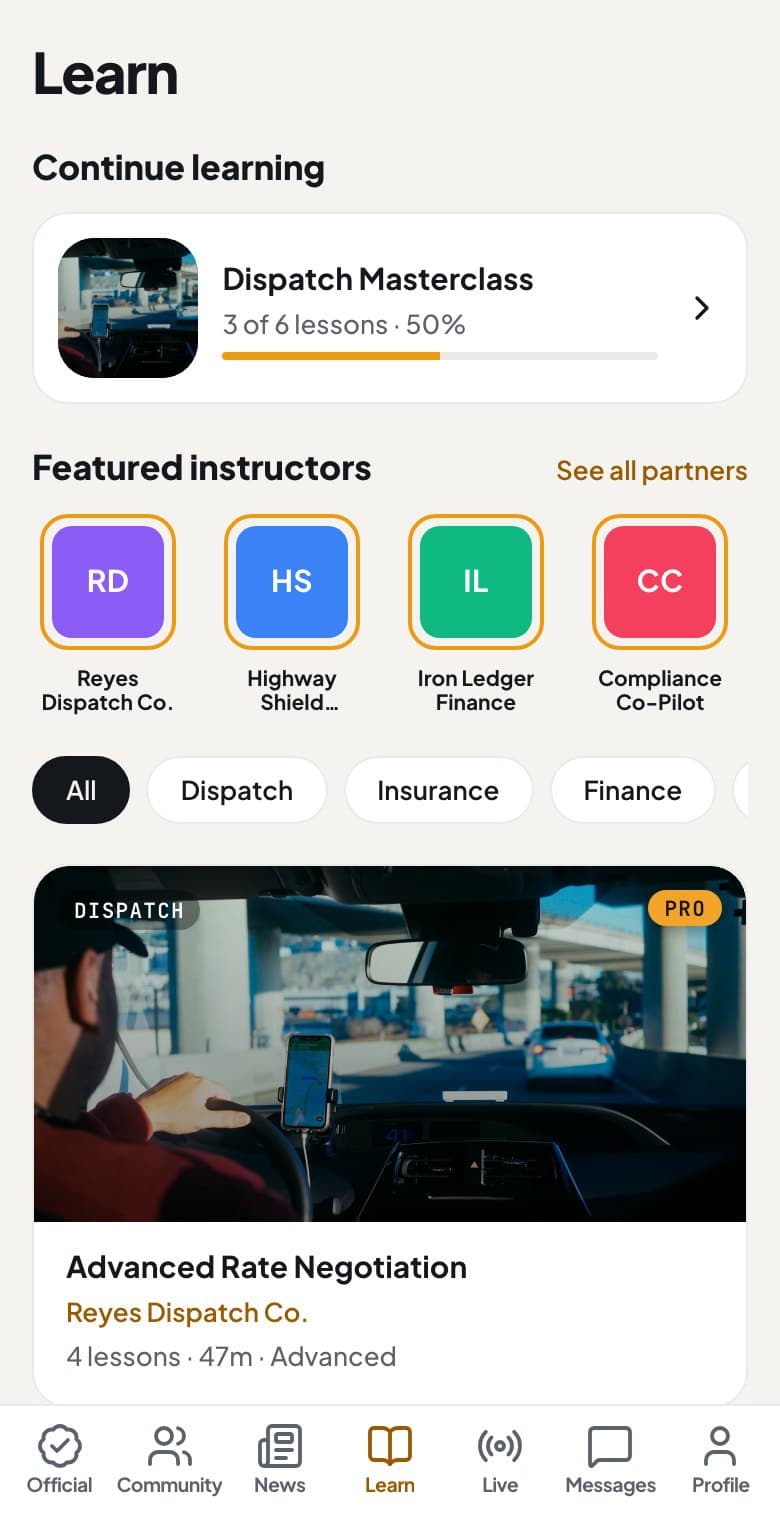 Trucker College on a phone: the Learn tab