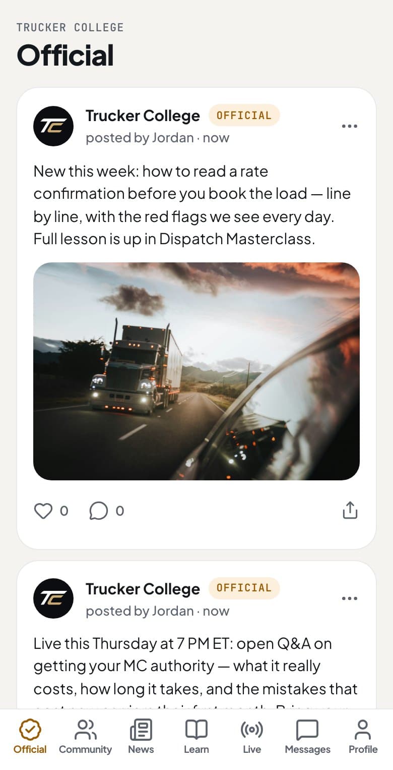 The Official feed in the Trucker College app