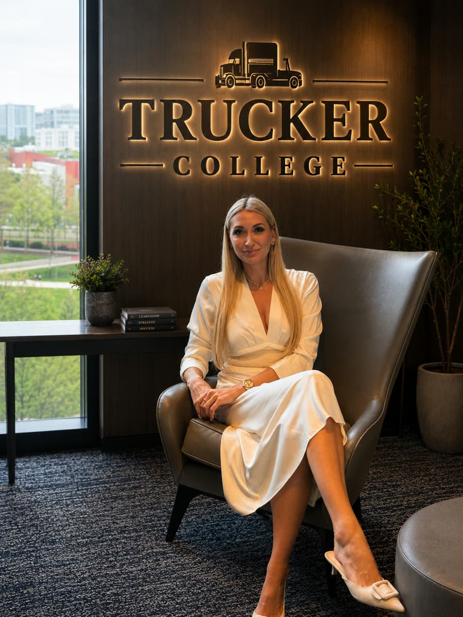 Vaiva, founder of Trucker College, in the Trucker College office